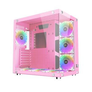מחשב גיימינג ורוד של בראומרס עם תאורת RGB דולקת, מבט מזווית.