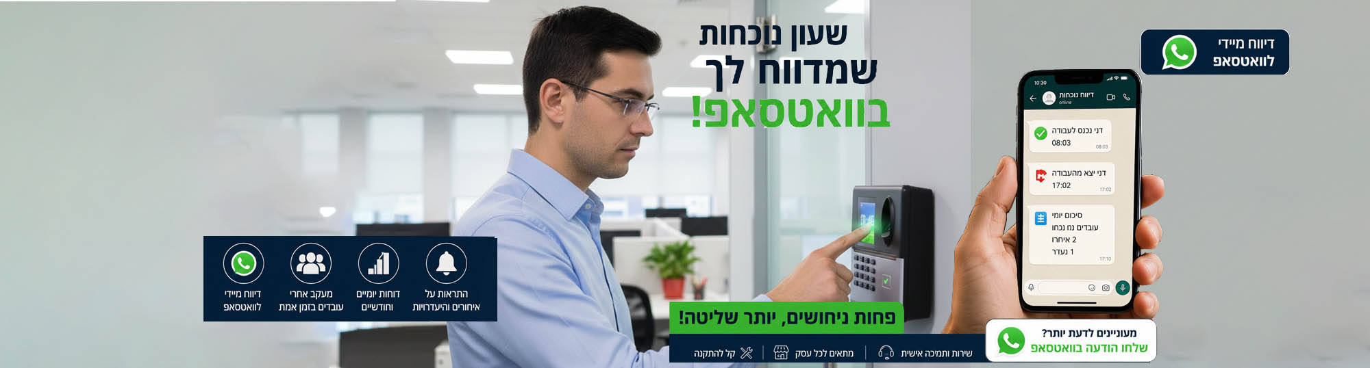 שירות התראות WhatsApp בזמן אמת – ניהול נוכחות חכם ומעקב עובדים מתקדם
