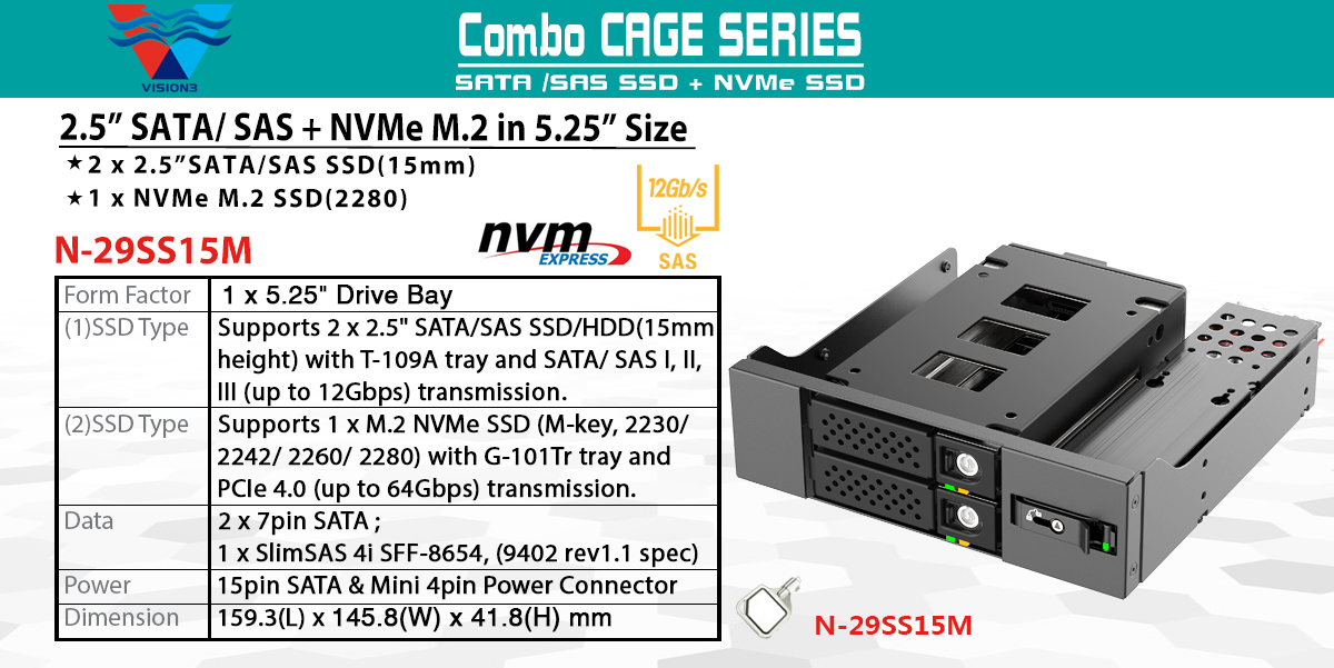 מגירה שליפה N-29SS15M 5.25" to (2x2.5"SATA)+(1xM.2NVME)