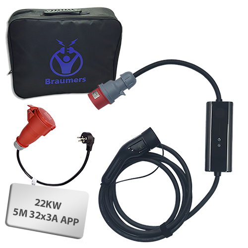מטען נייד תלת פאזי לרכב חשמלי Braumers MobileEV CHARGER Type2 22KW CEE+APP Kit